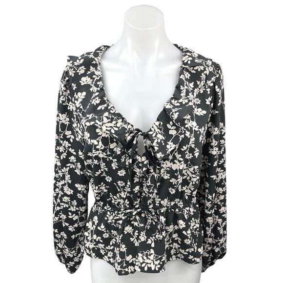 Old Navy Black Ivory Floral Tie Neck V Neck Ruffle Long Sleeve Blouse Top Size M - Picture 1 of 7